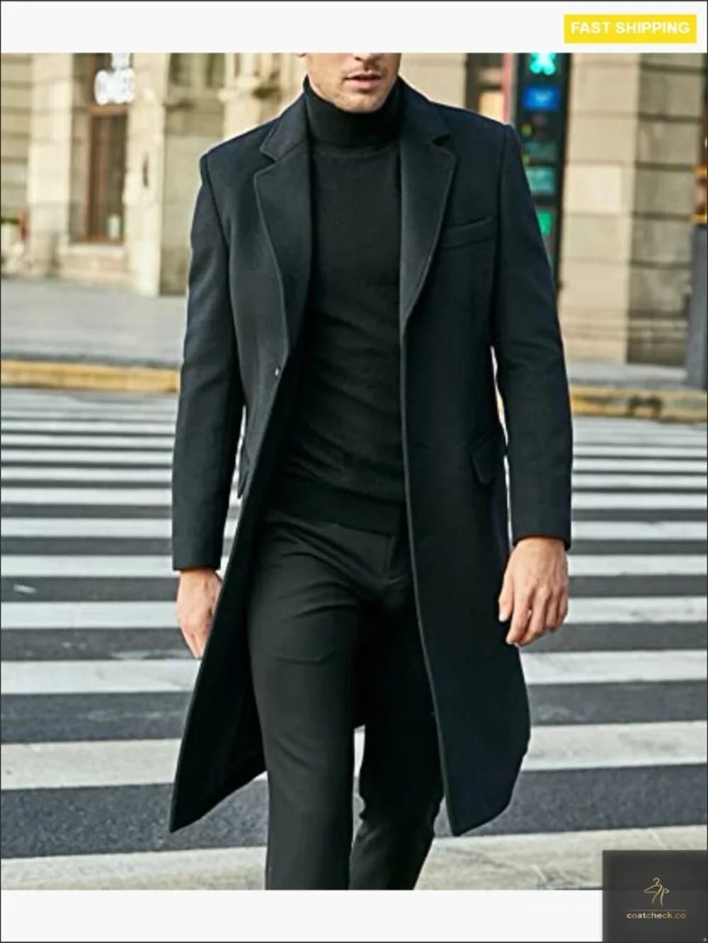 Men's Wool Blend Pea Coat Notch Lapel Single Breasted Long Overcoat Winter